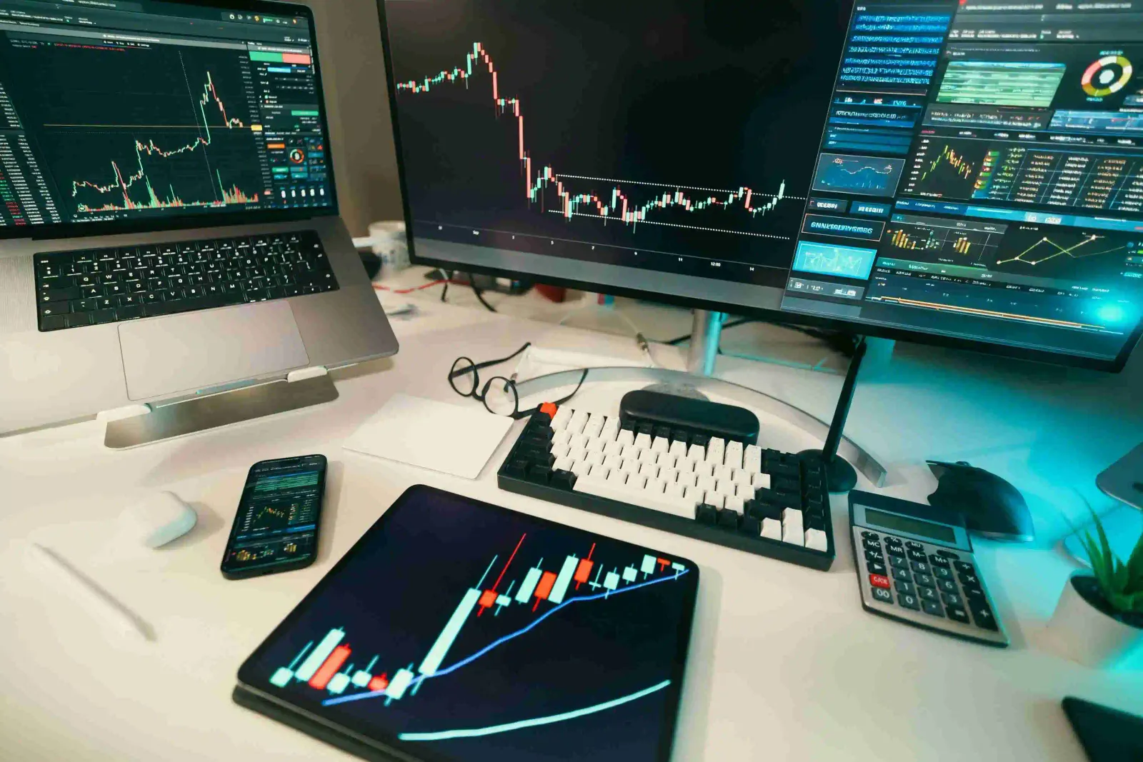 Desk with a laptop, monitor, tablet and phone displaying financial charts, representing analyst review work.
