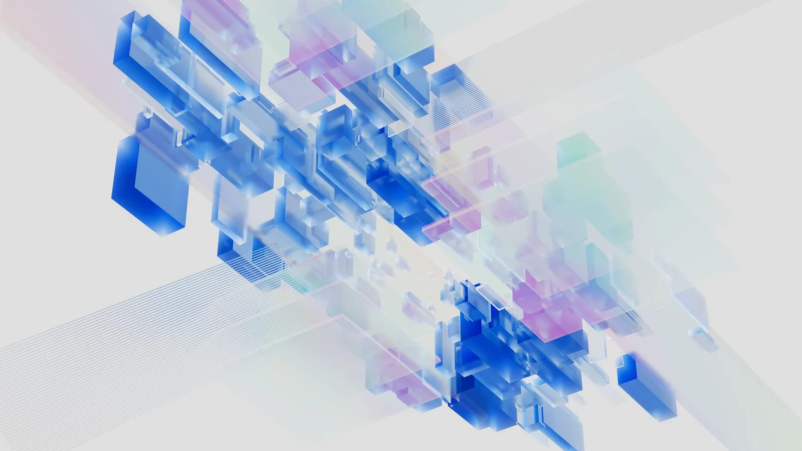 Abstract 3D render of translucent blue and violet blocks arranged in layers, suggesting connected systems
