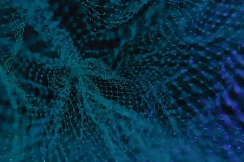 Abstract teal and blue wireframe mesh on a dark background, evoking data networks