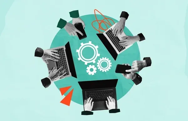 Collage of hands on laptops and phones around a circle of gears, representing teams weighing whether to build or buy