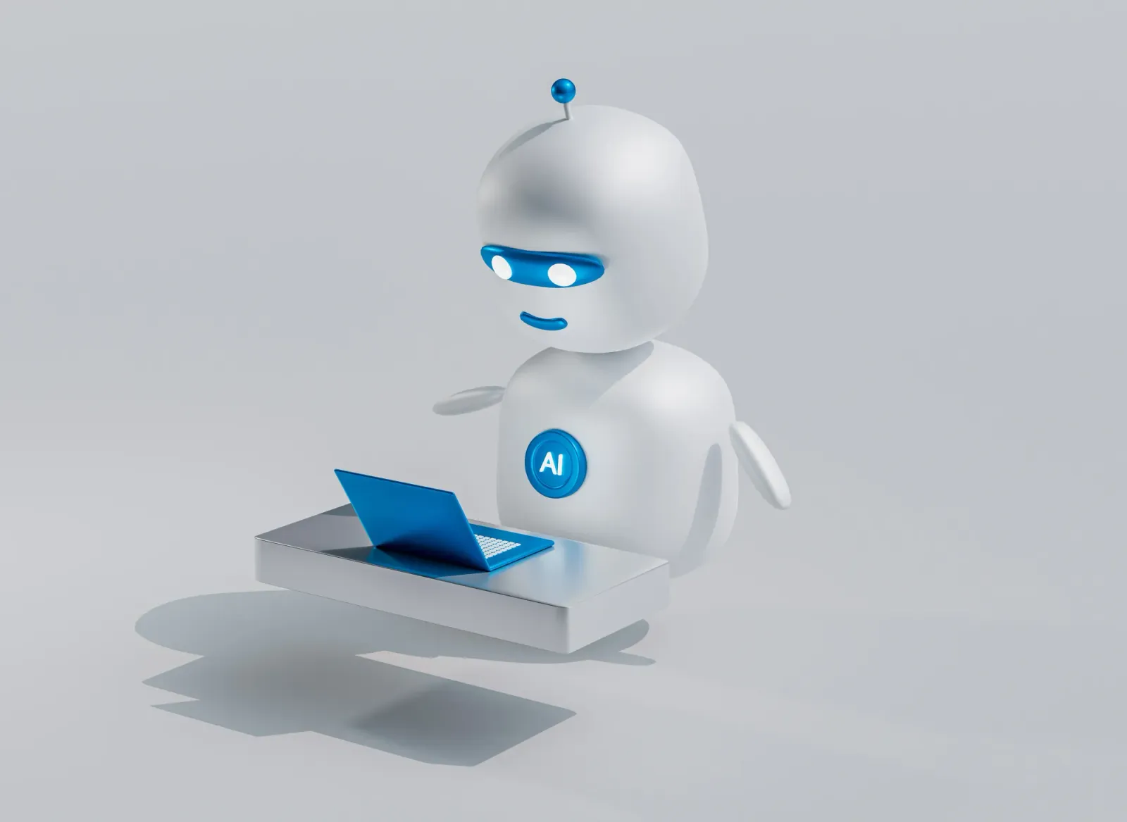 White cartoon robot with an AI badge typing on a blue laptop, illustrating AI doing developer work.