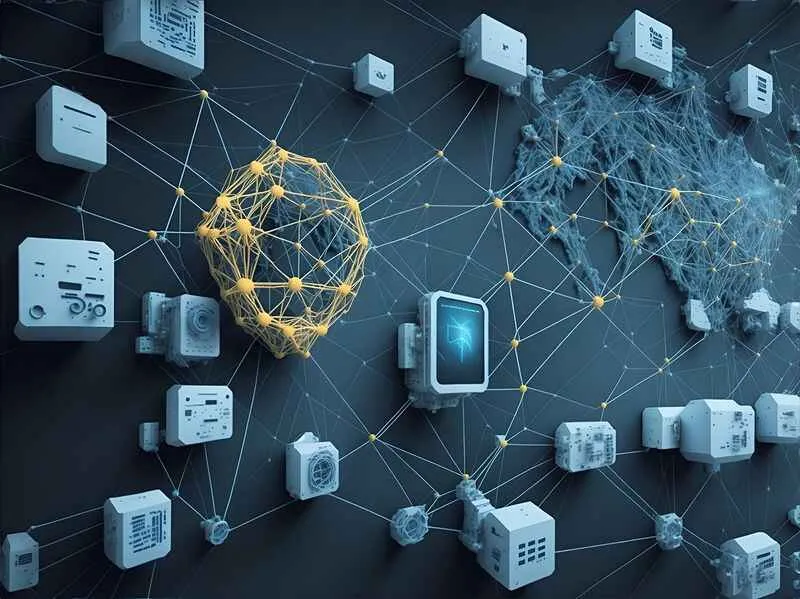 Illustration of connected devices and hardware modules linked across a network, representing AI across a portfolio
