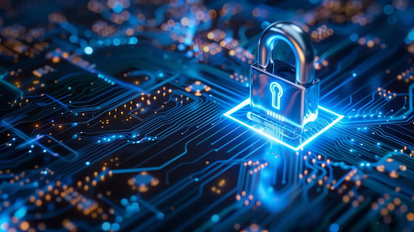 Glowing padlock on a circuit board, illustrating credential security and secrets management.