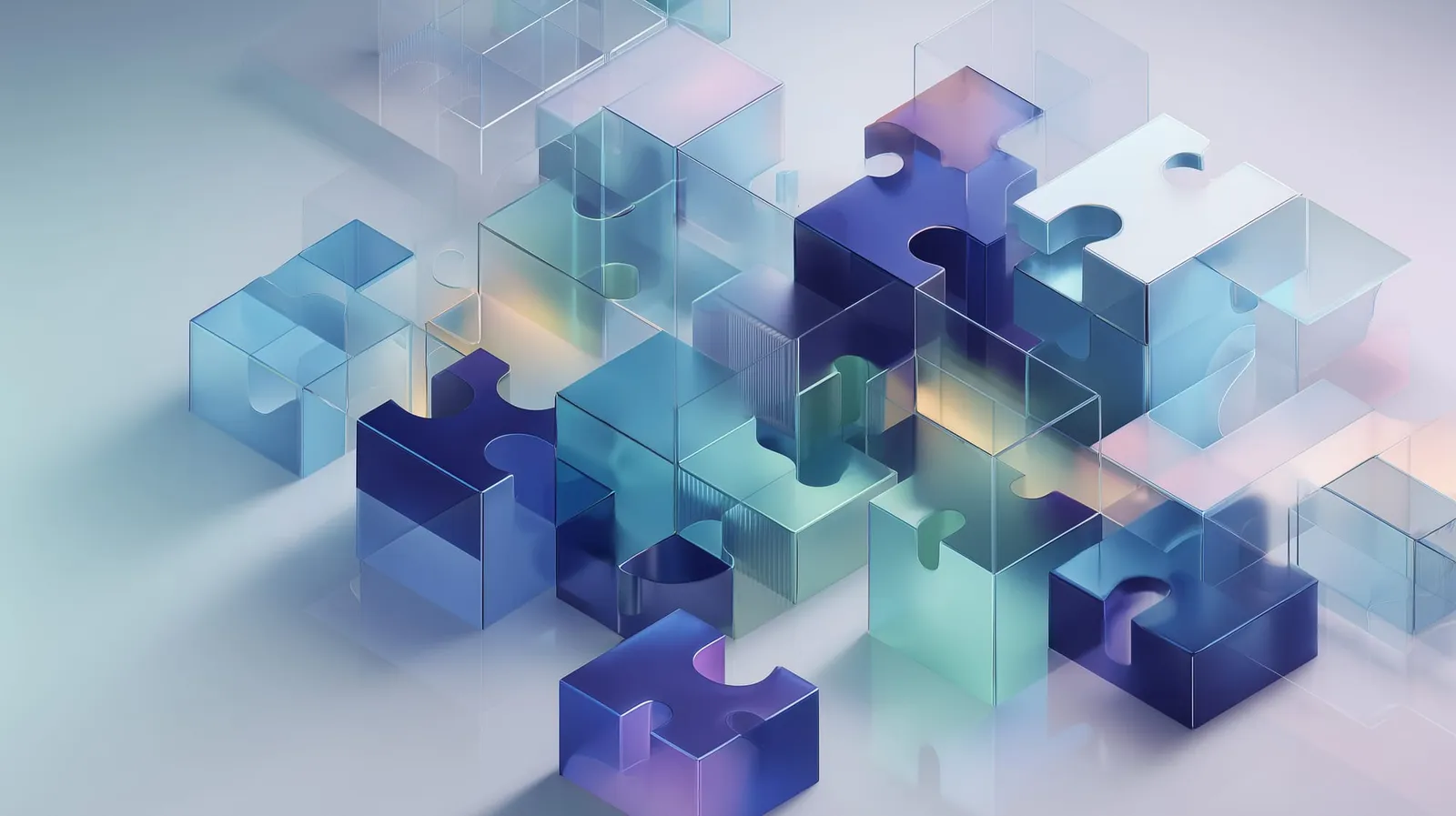 Glass and blue puzzle pieces scattered unevenly, suggesting software that does not fit how the business works.