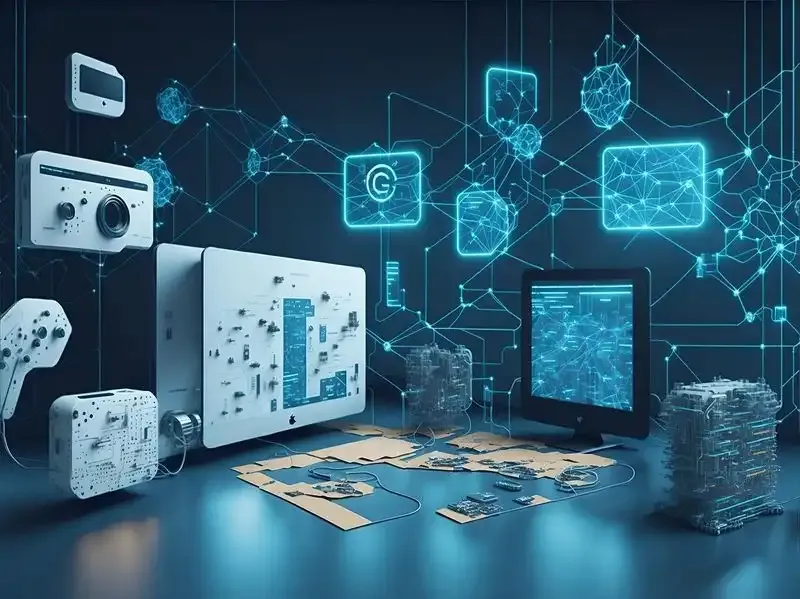 Illustration of devices, screens and circuit boards linked by glowing network lines, representing AI integration