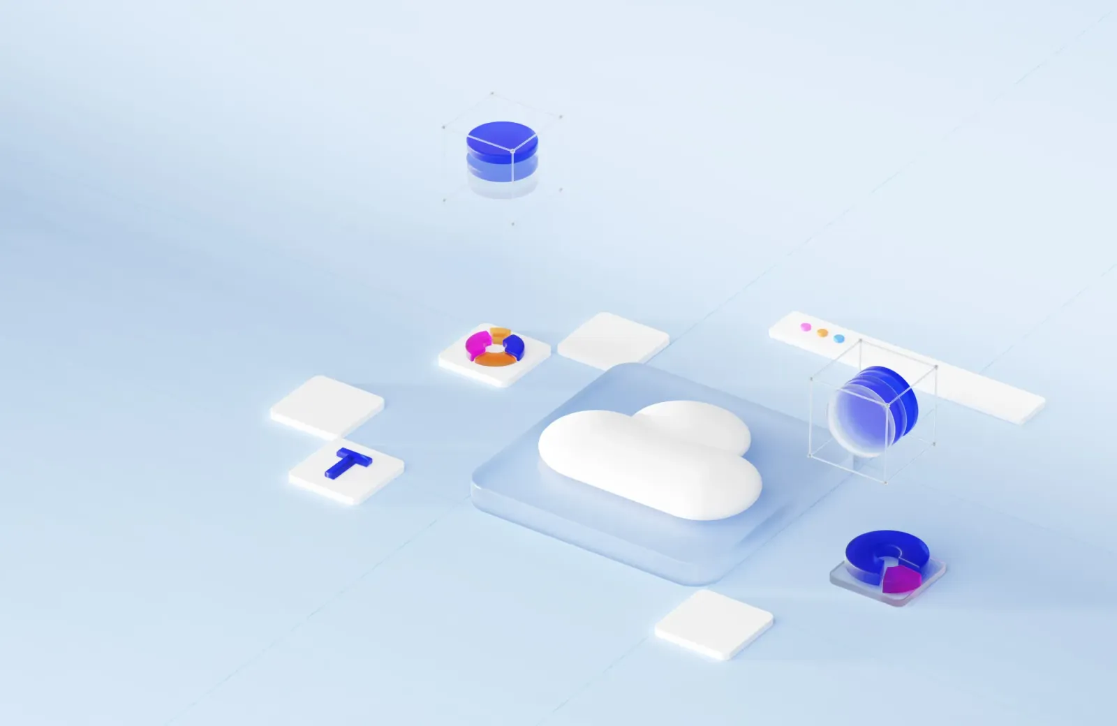 3D illustration of a cloud icon surrounded by database, chart and text tiles, representing a software system's parts.