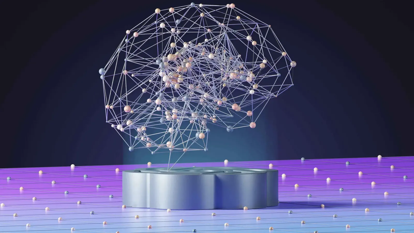 3D render of a wireframe brain made of nodes floating above a pedestal, representing AI in recruitment