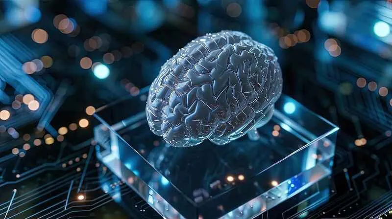 Glass brain sculpture on a clear block over a circuit board, representing AI connected to enterprise systems