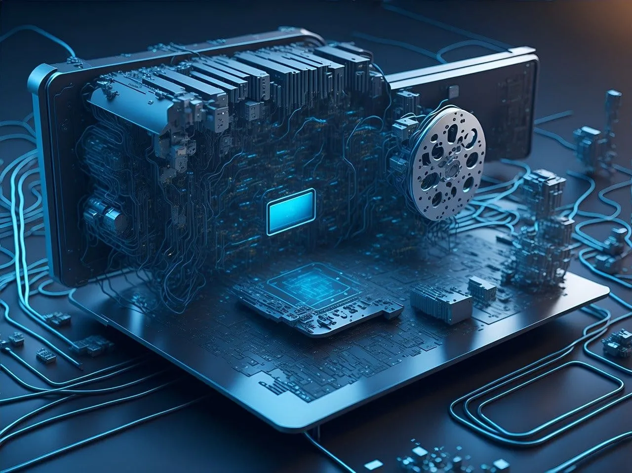 3D illustration of a circuit board and machinery on a laptop base, representing automation hardware and computing.