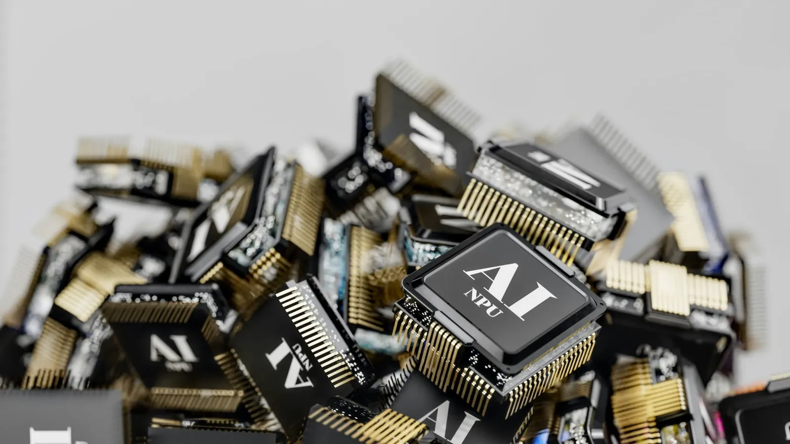 Pile of black and gold chips labeled AI NPU, illustrating the rise of AI-first services for MSPs.